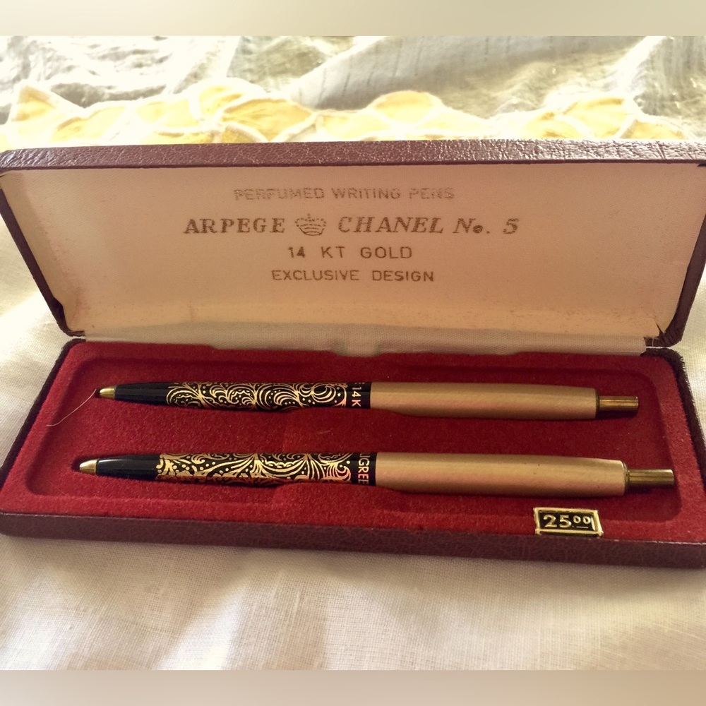 Mid century 14k gold perfumed writing pens set Arpege Chanel No. 5
